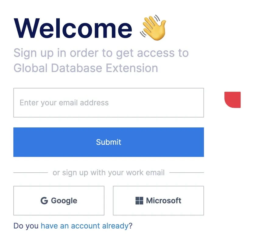 The extension sign-up screen asking for an email address